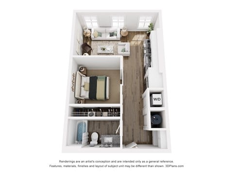 Floor plan for studio, 1 bath, 555 sqft